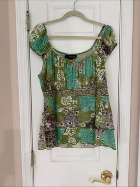 Venezia Olive and Turquoise Floral Short Sleeve Peplum Top 18/20